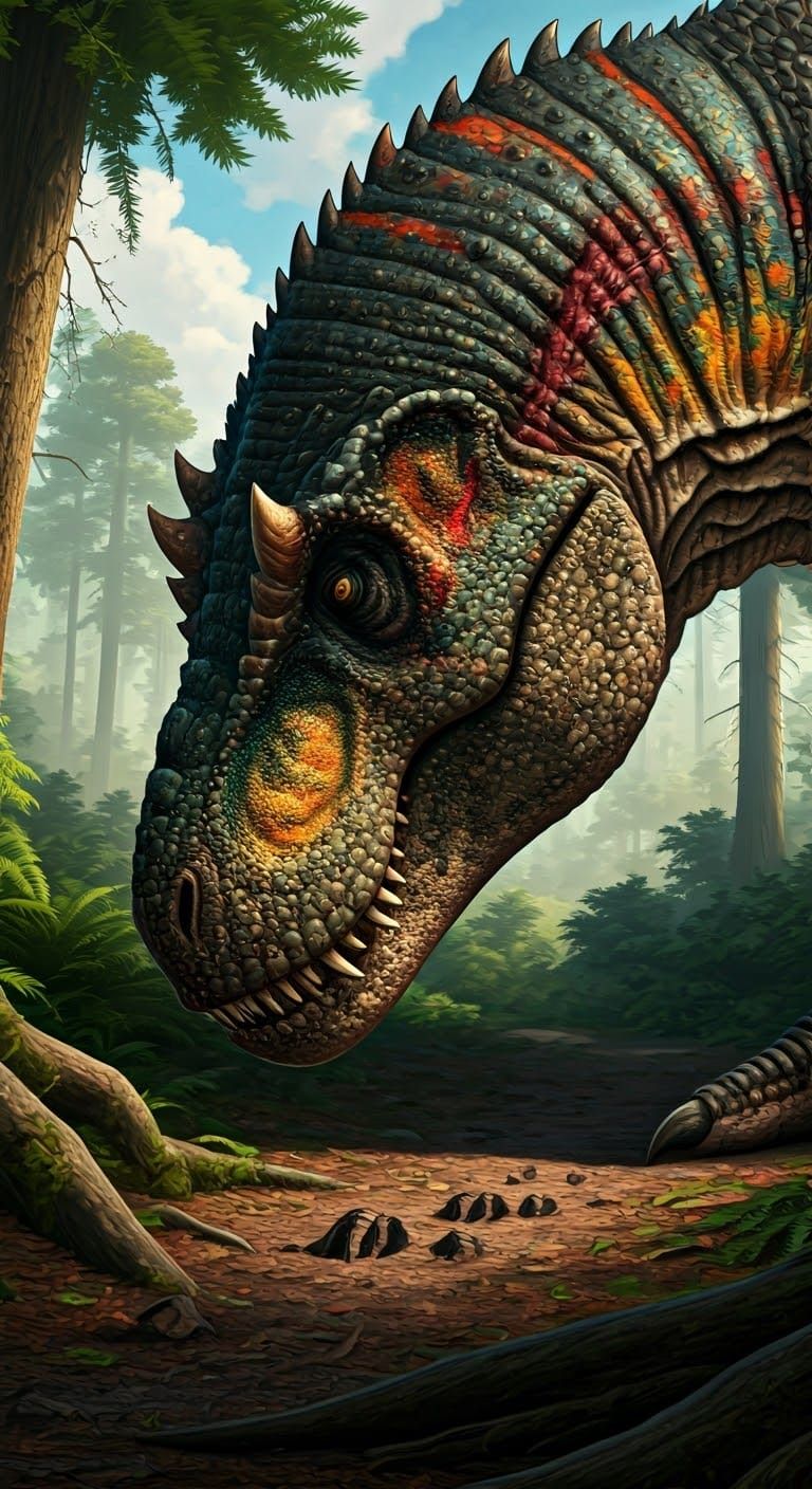 Realistic Aged Tyrannosaurus Closeup in Vibrant Camouflage
