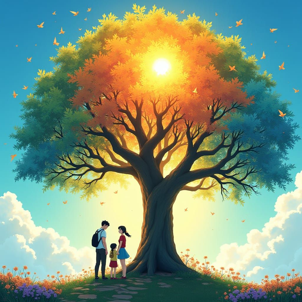 Majestic Tree with Family in Anime Style