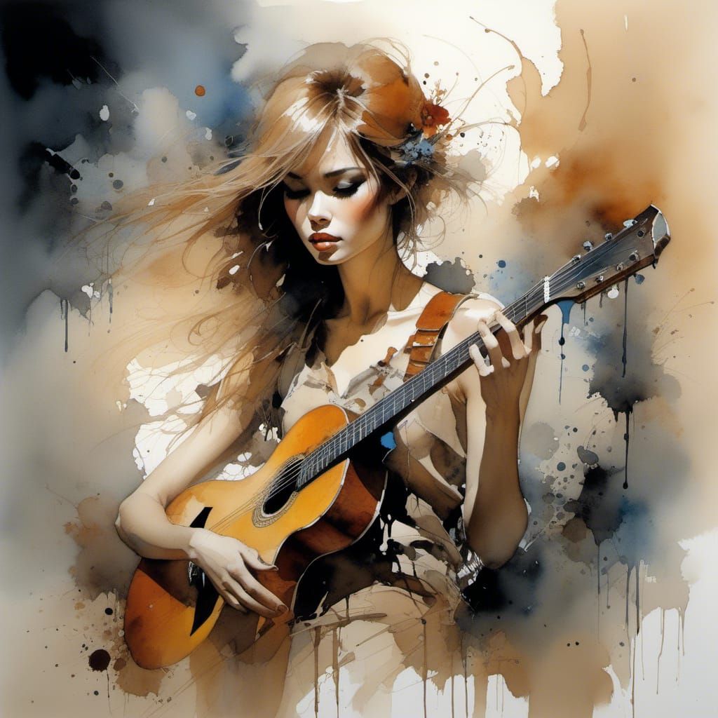 Girl with Guitar in Surreal Watercolor Style