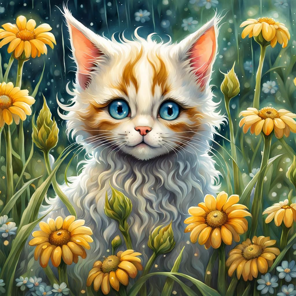 Adorable Wet Cat in Rainy Flower Meadow as Watercolor