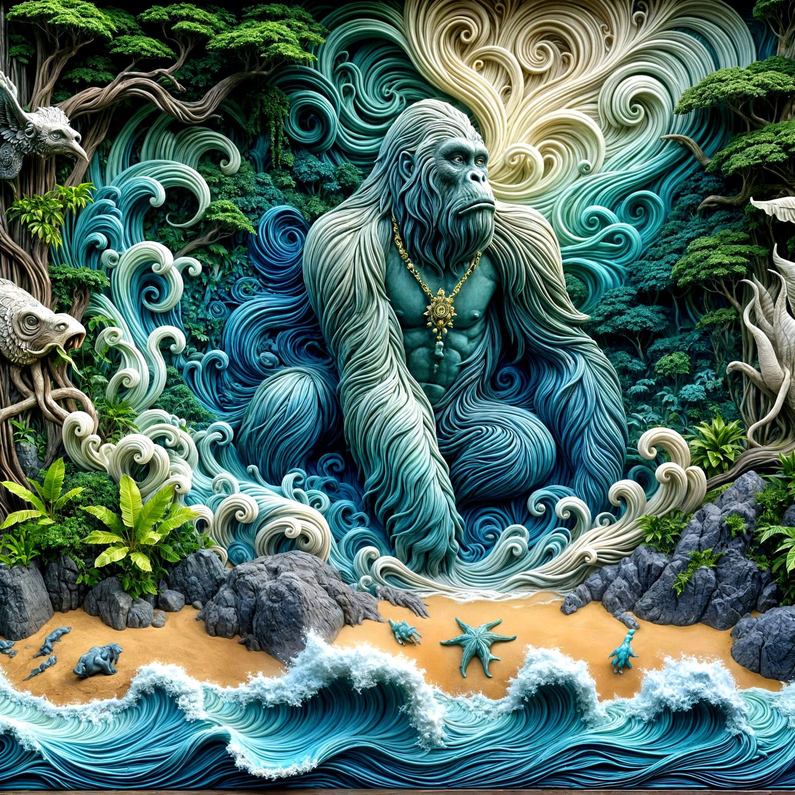 Majestic Ape Emerges from Jungle Mist in Art Nouveau Style