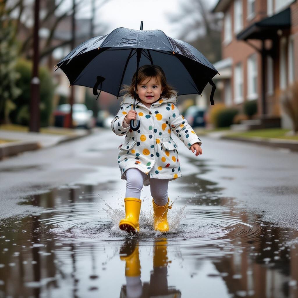 Toddler Splashes in Rainy Puddle: Documentary-Style Photo