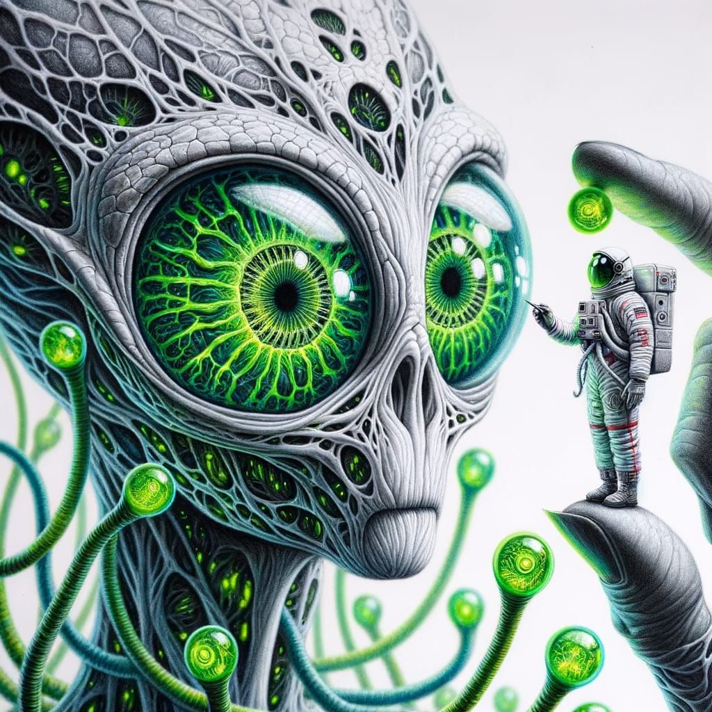 Synthetic Alien Examines Miniature Astronaut in Hyperealisti...