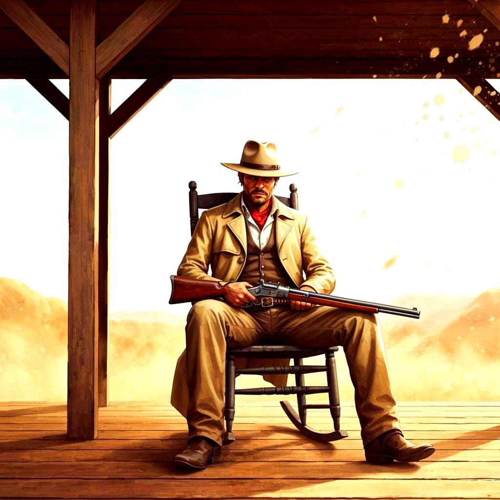 1800s Gunslinger in Stetson and Trench Coat with Rifle