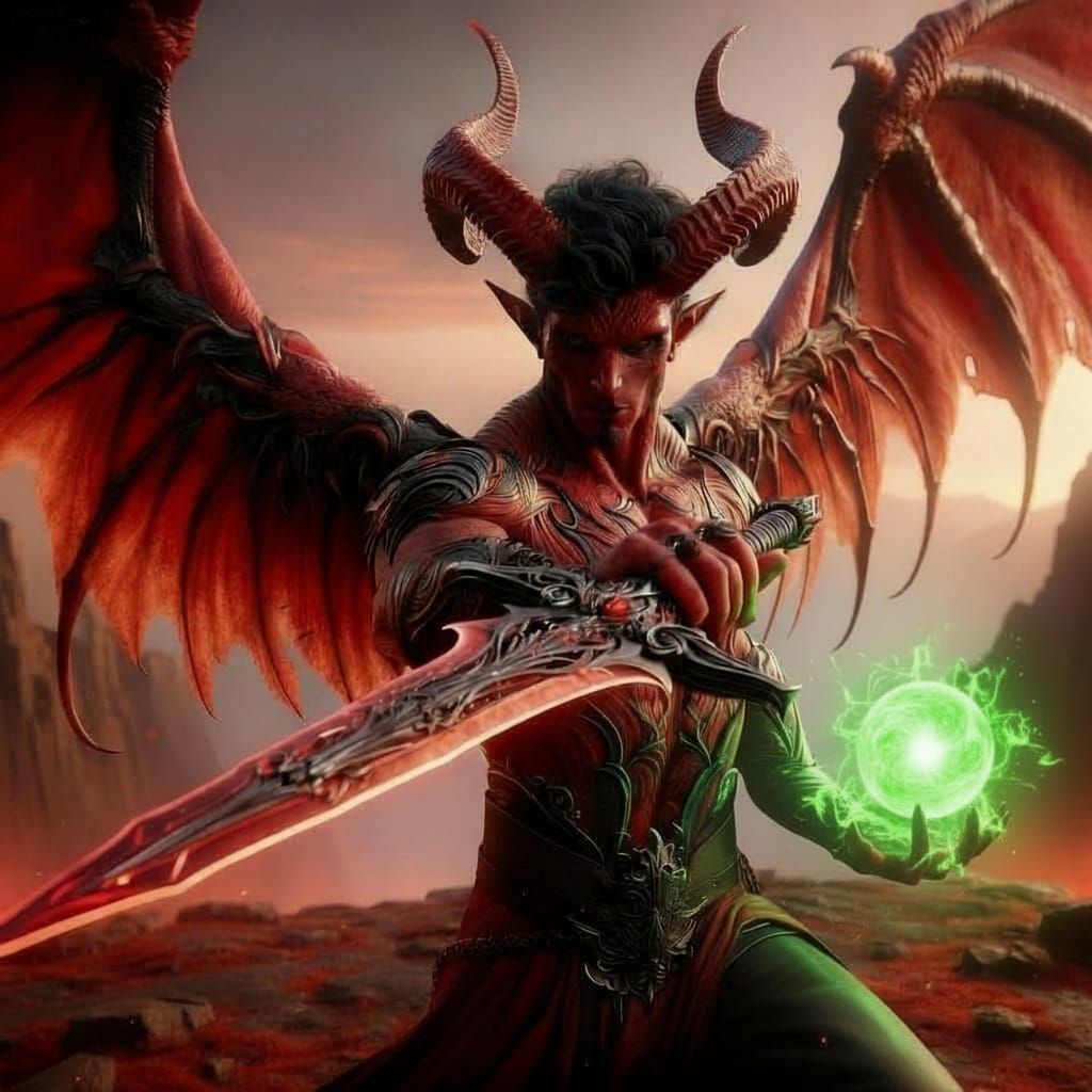 Majestic Tiefling Warrior with Crimson Wings and Obsidian Sw...