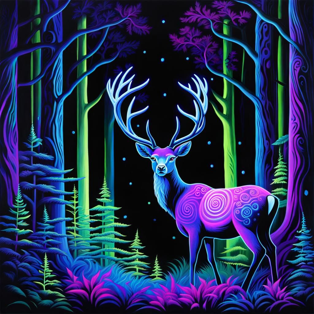 Intricate Spirit Deer in Neon Blacklight