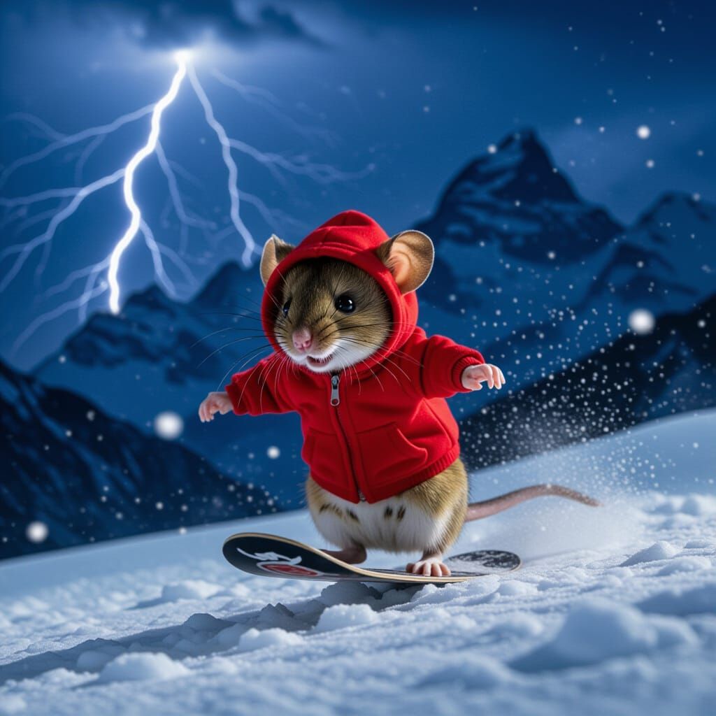 Adventurous Mouse on Snowboard: Cinematic Photograph
