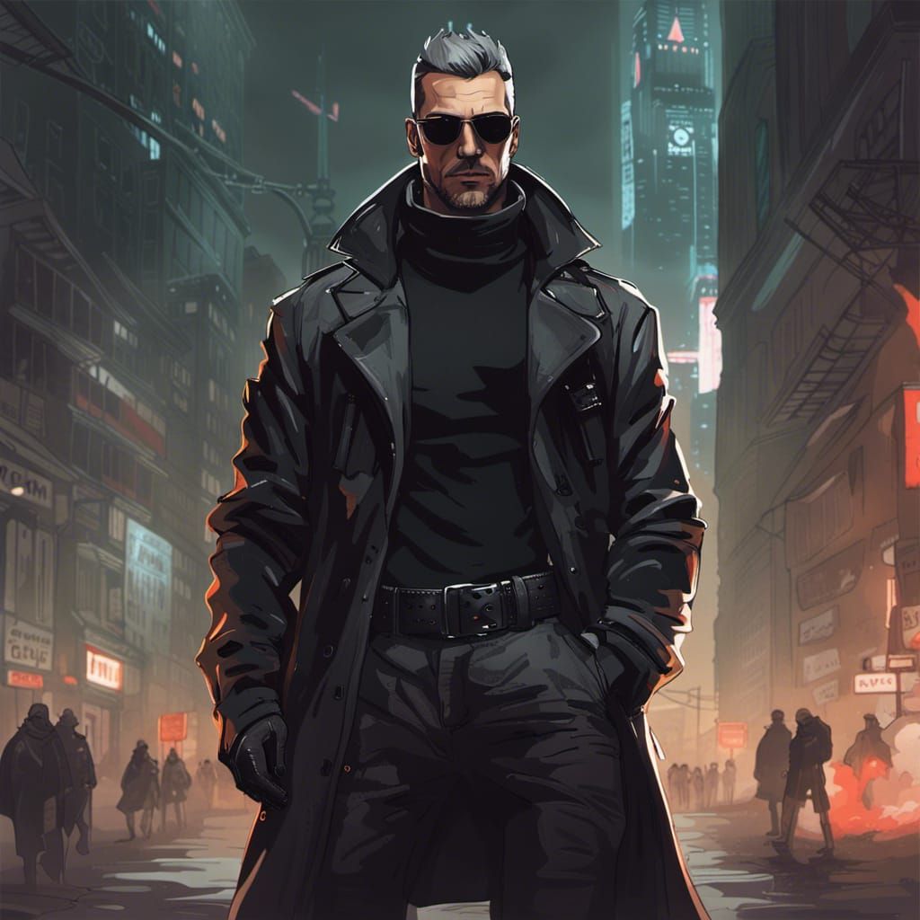 Cyberpunk Russian Man with Aviators in Grimy City