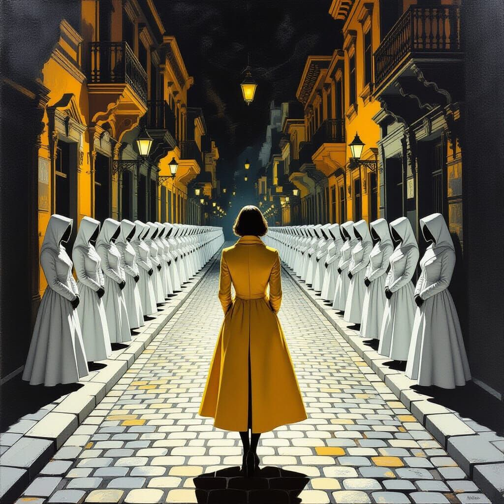 Surreal Baroque Painting of Woman in Yellow Coat