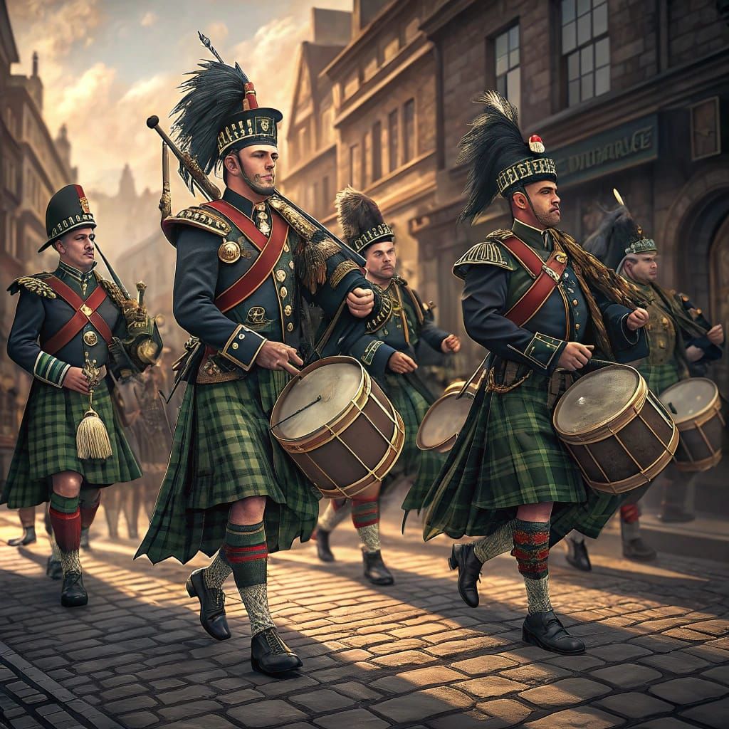 Bagpipe Band in Kilts Marching Down Cobblestone Street