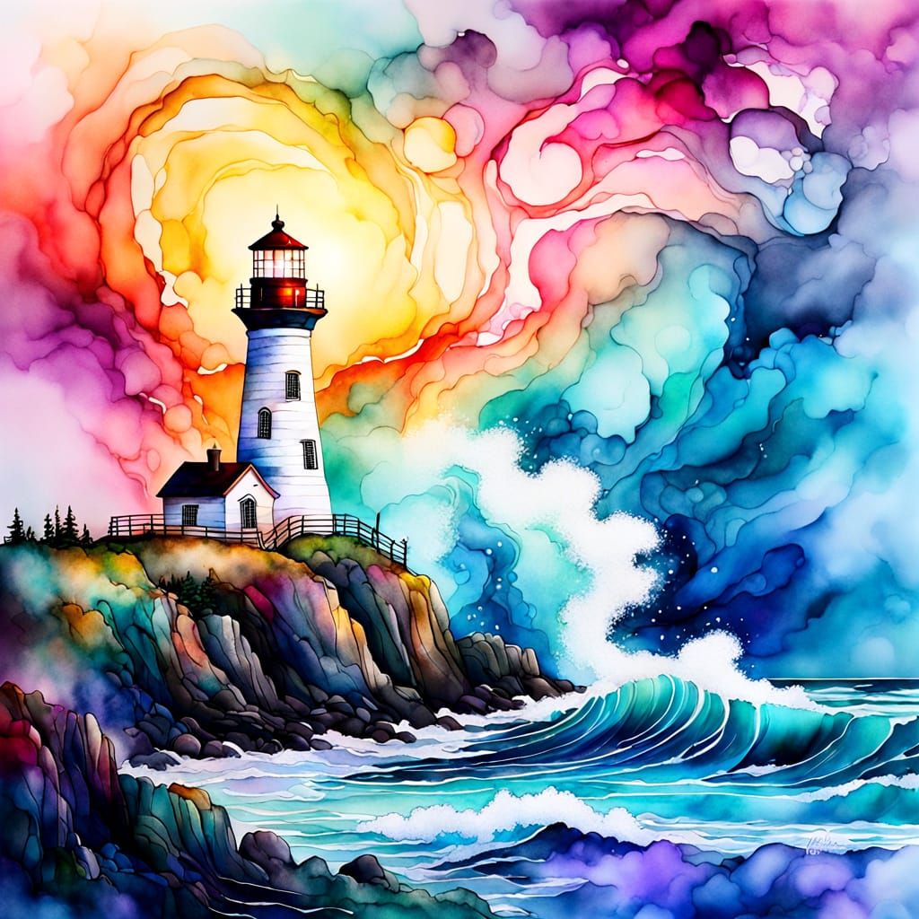 Lighthouse in Swirling Mist: Alcohol Ink Art