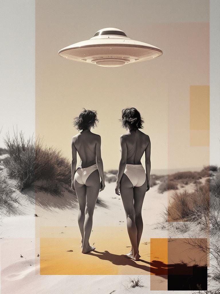 Women on Dune Staring at UFO in Kandinsky/Frankenthaler Styl...