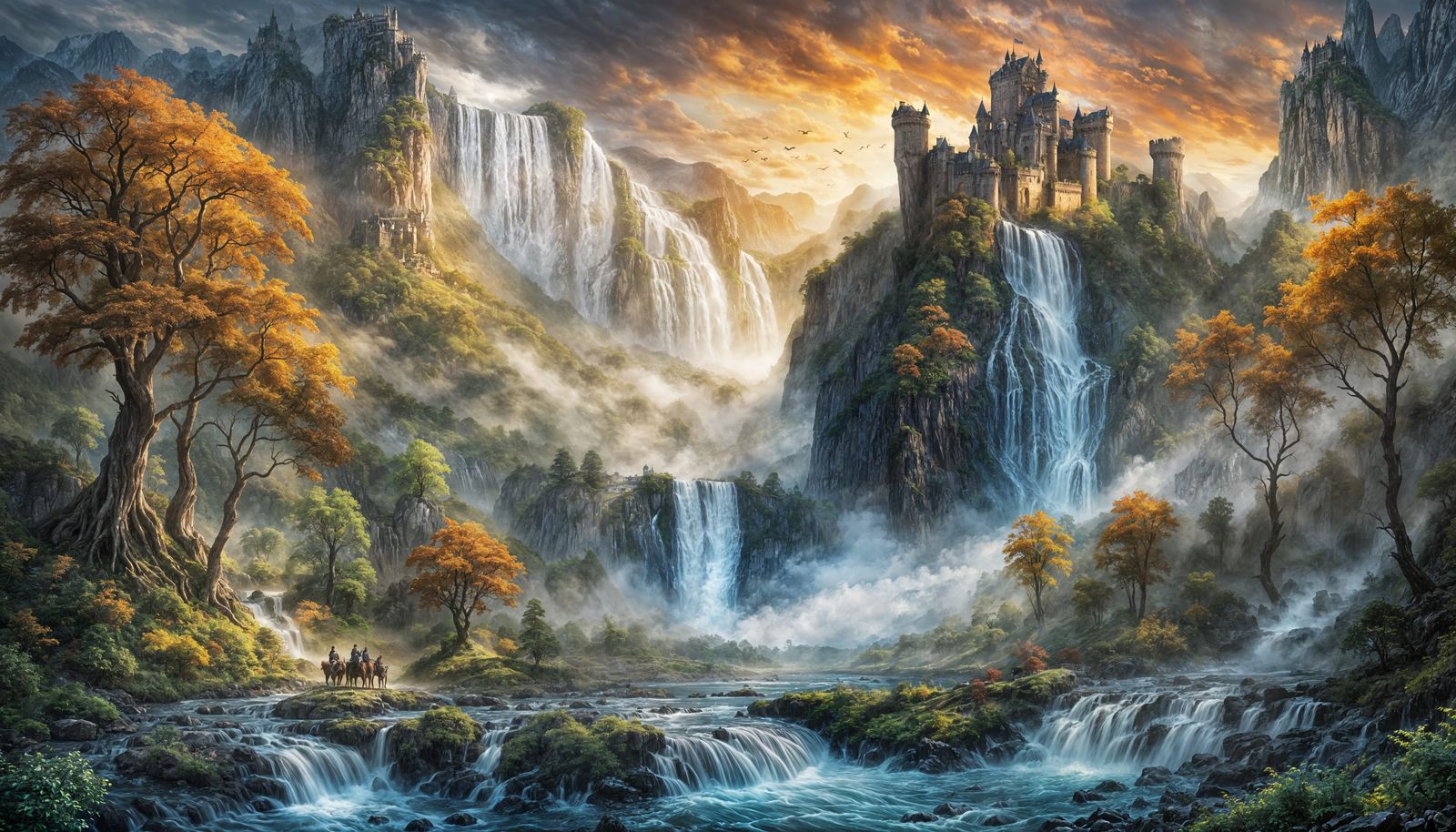 Fantasy Sunset Landscape Painting with Caravan and Castles