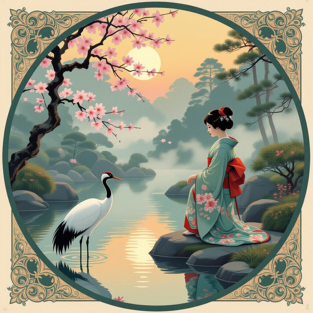 Jugendstil Girl by Tranquil Pond in Japanese Garden at Dawn