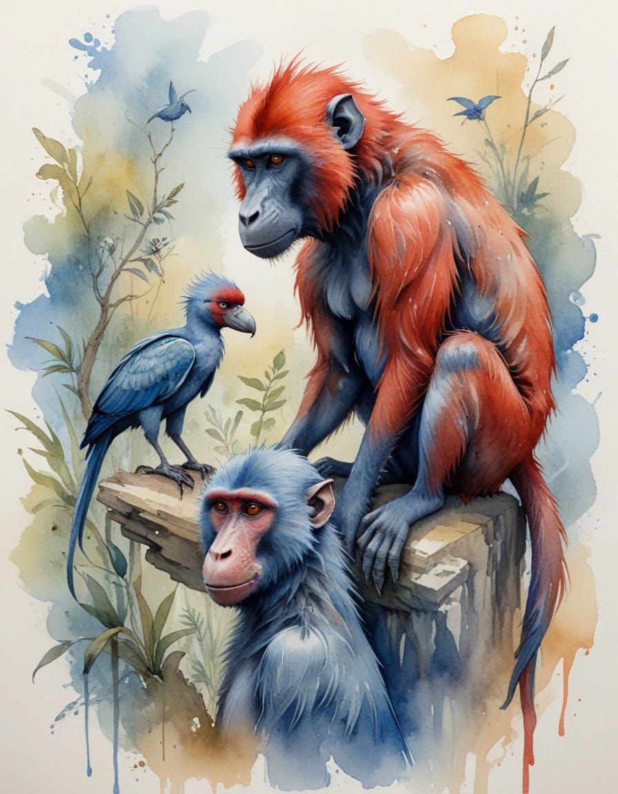 Unlikely Animal Friends: Baboon and Crane in Sketch Art