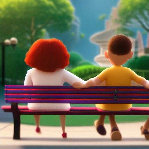 Couple on Park Bench: Pixar-Style 3D Digital Art