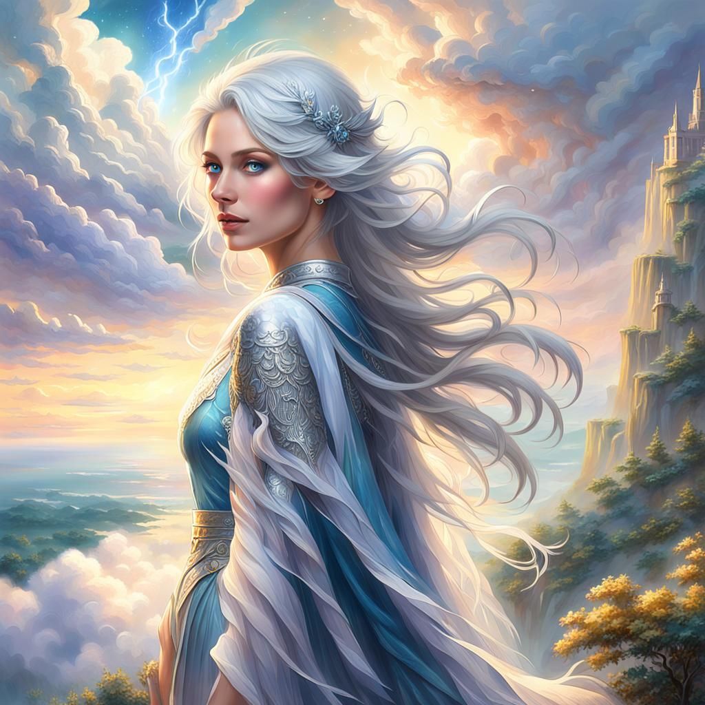 Ethereal Woman Overlooking Misty Cloud Sea
