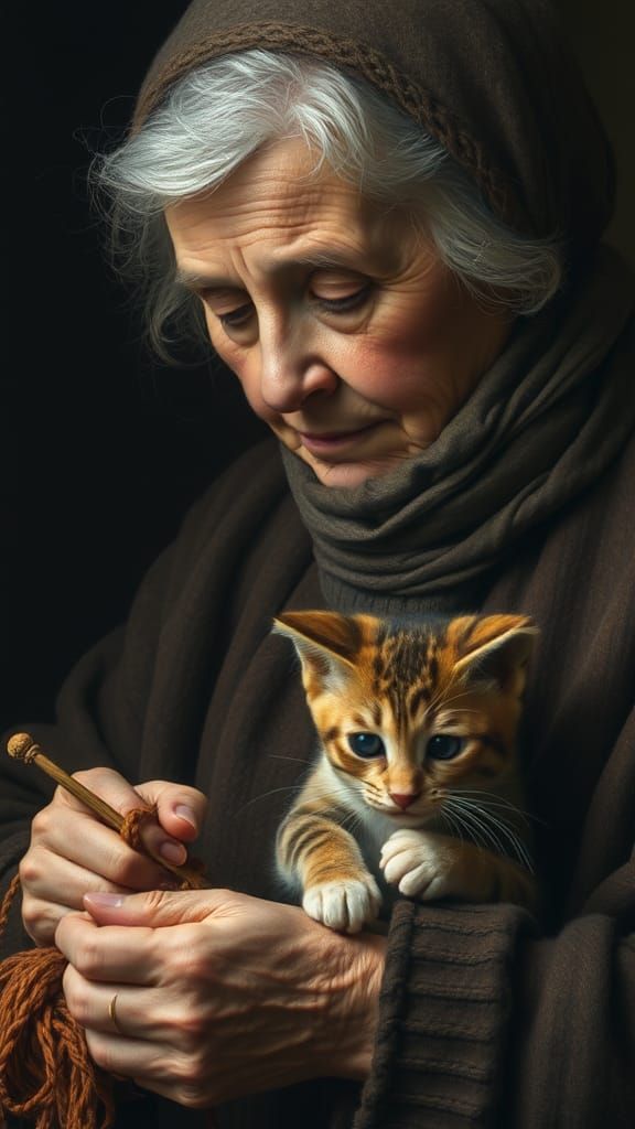 Woman Knitting with Kitten in Ruben's Style