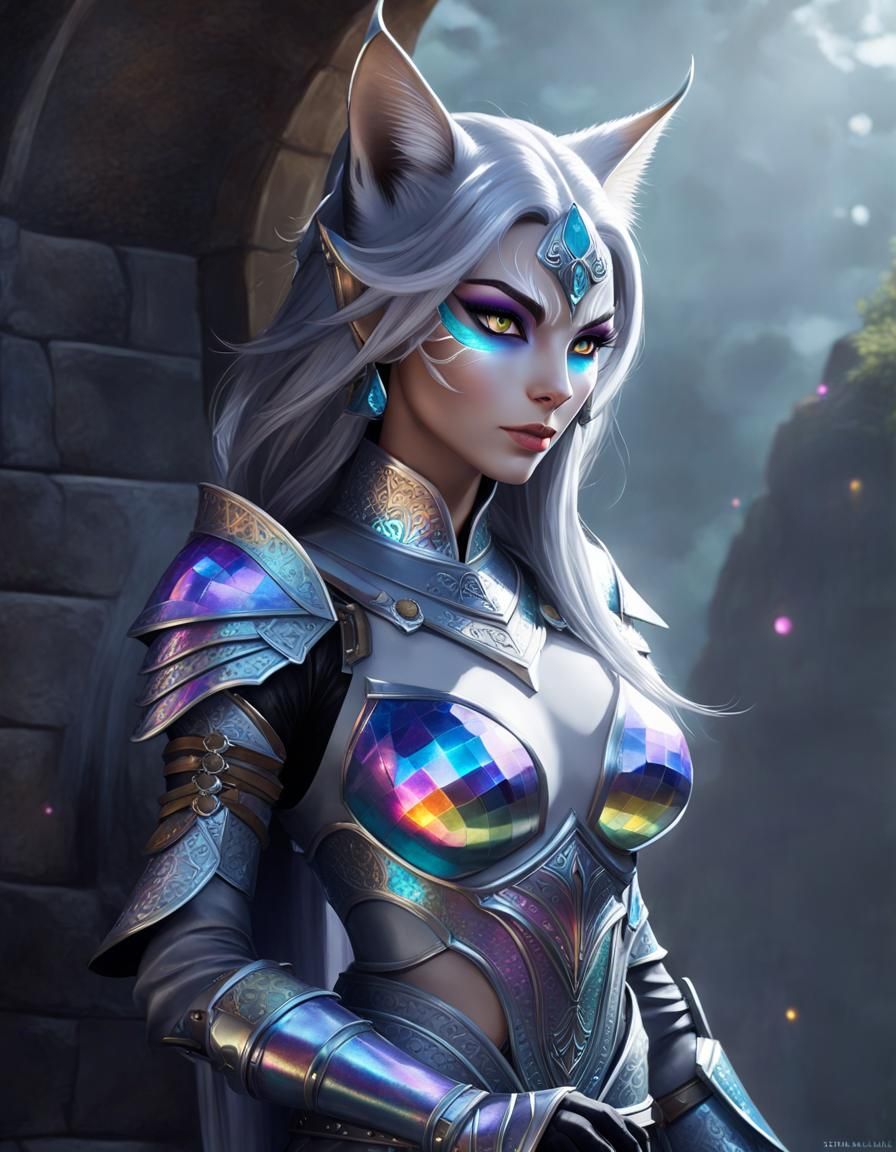 Khajiit Paladin in Iridescent Armor, Digital Watercolor