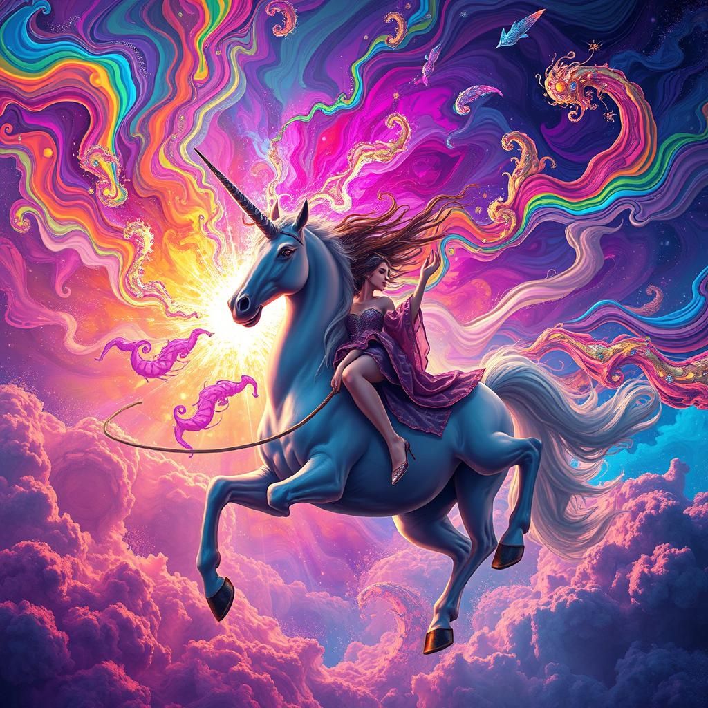 Unicorn Rider in Dreamlike Psychedelic Explosion