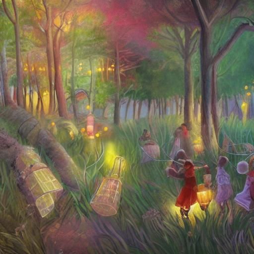 Children Dance in Whimsical Forest: A Surrealist Painting