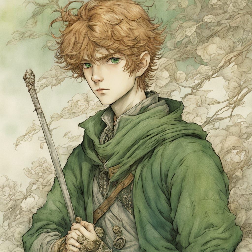 Anime Boy with Green Eyes, in Arthur Rackham Style