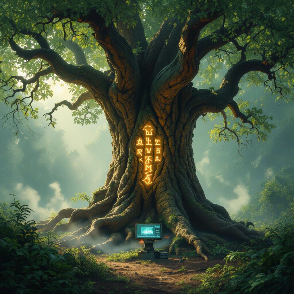 Ancient Tree with Glowing Runes in Mystical Forest