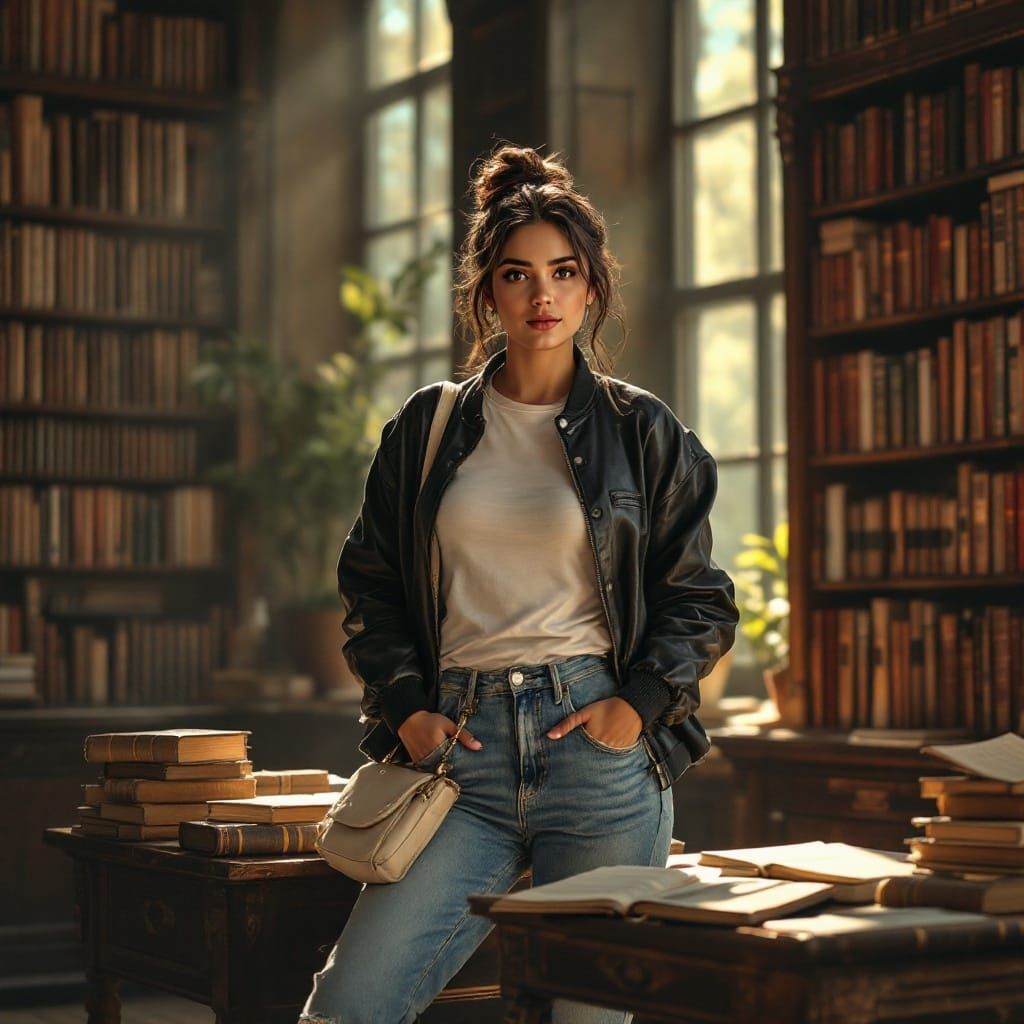 Elegant Woman Reads in a Grand Library