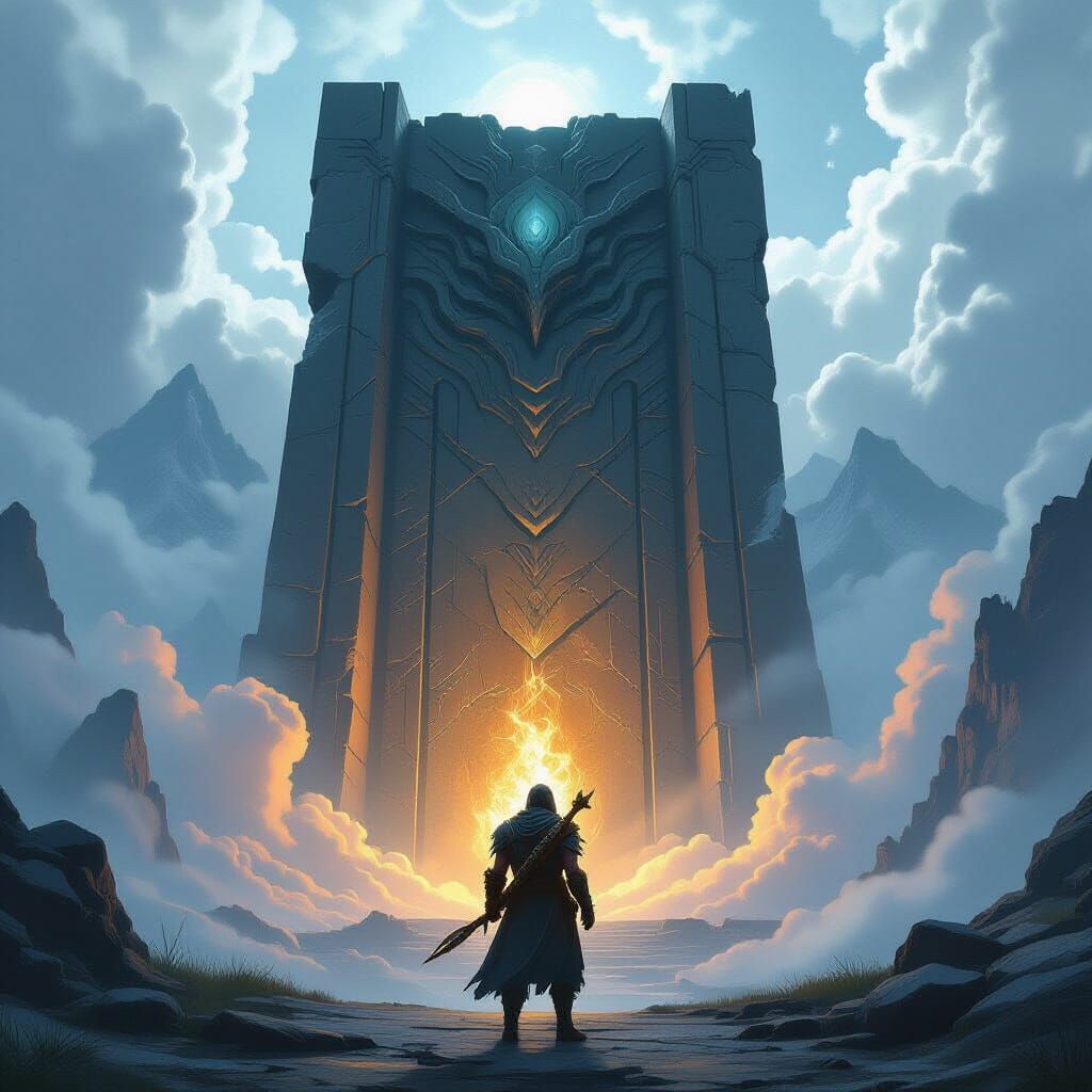 Epic Fantasy Wanderer at Ancient Doorway