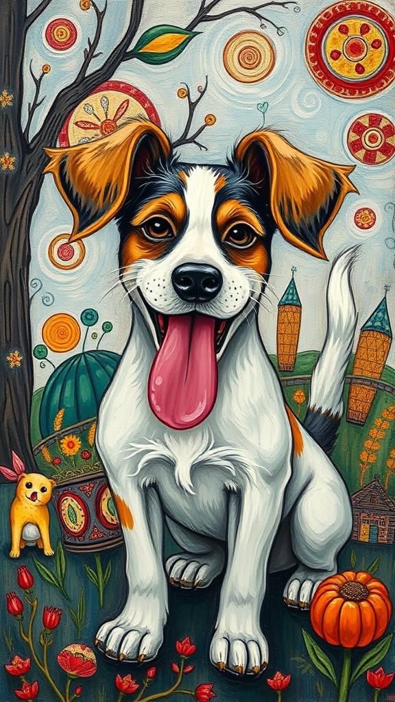 A funny joyful dog, ears flapping, tongue hanging, and tail ...