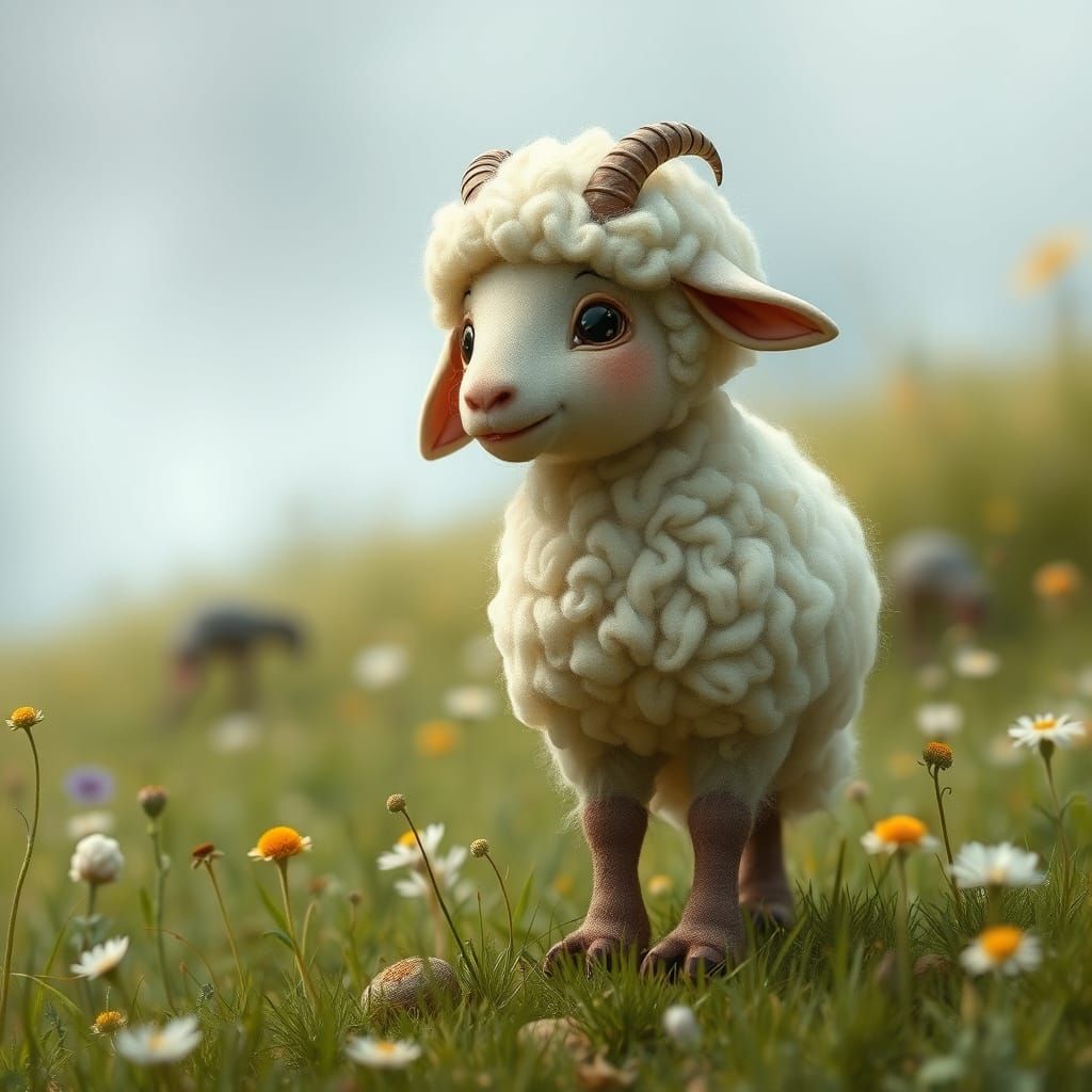 Whimsical Barometz Lamb in Lush Meadow