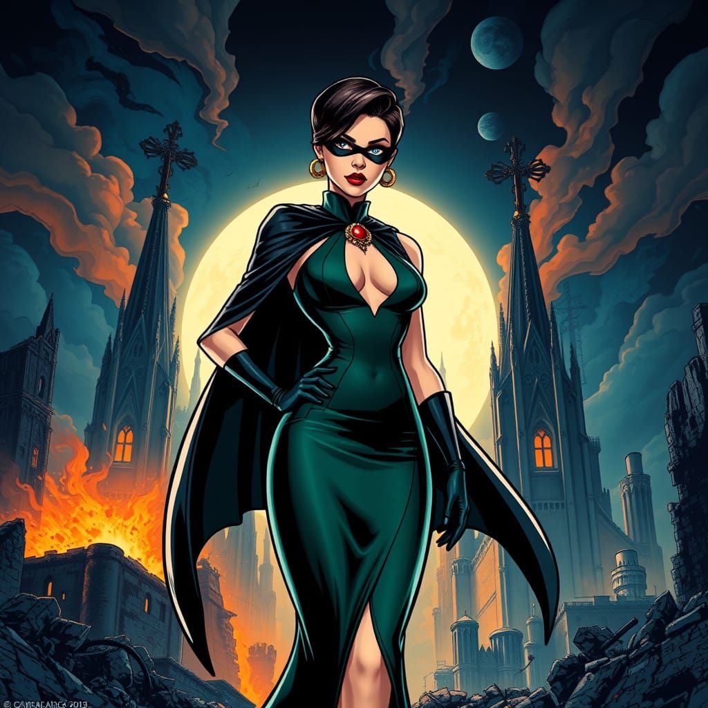 Gothic Comic Book Sorceress with Epic Cape and Brooch