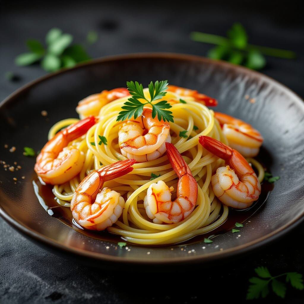 Elegant Linguini and Shrimp Plating with Dramatic Studio Lig...