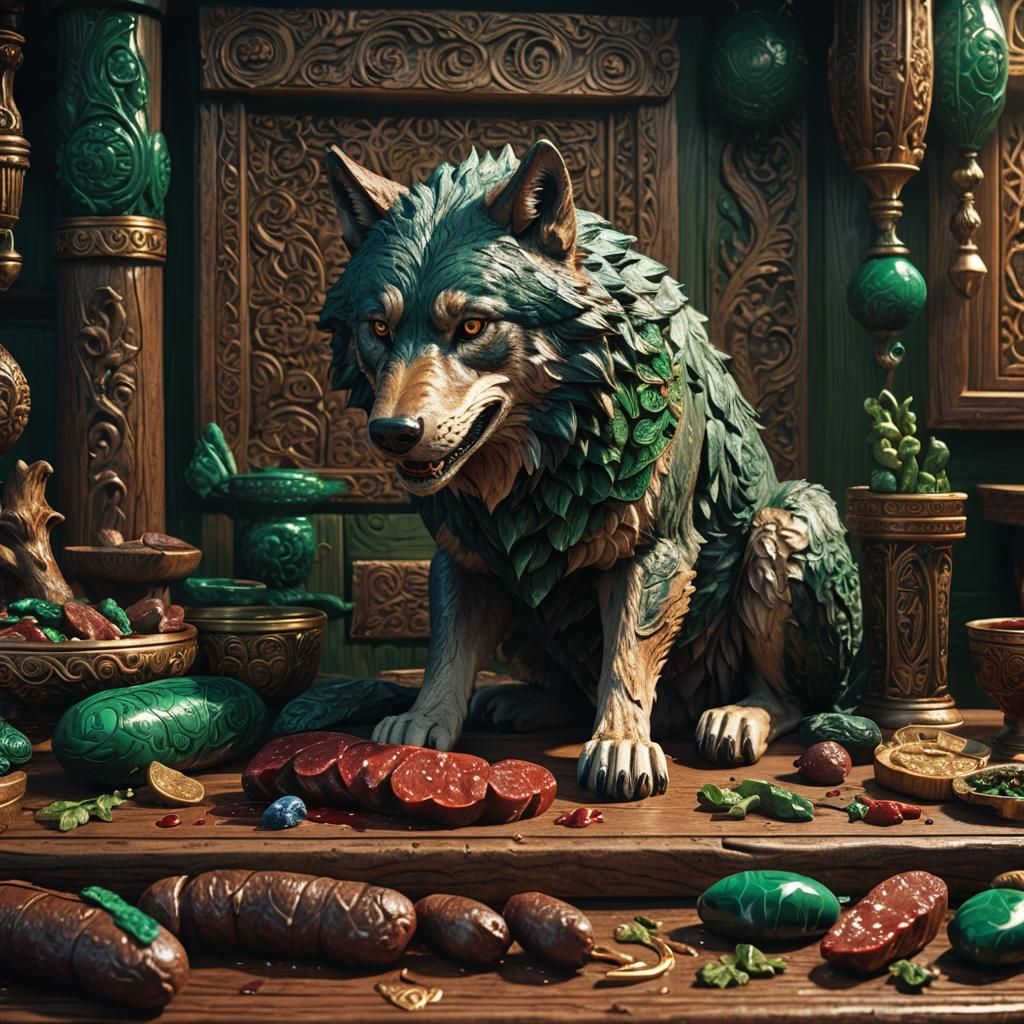 Wolf Enjoying Sausage: Digital Fantasy Concept Art
