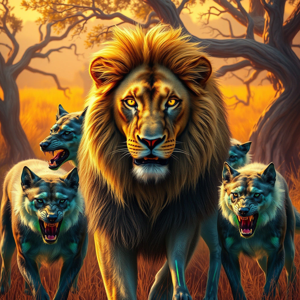 Majestic Lion Surrounded by Iridescent Dogs