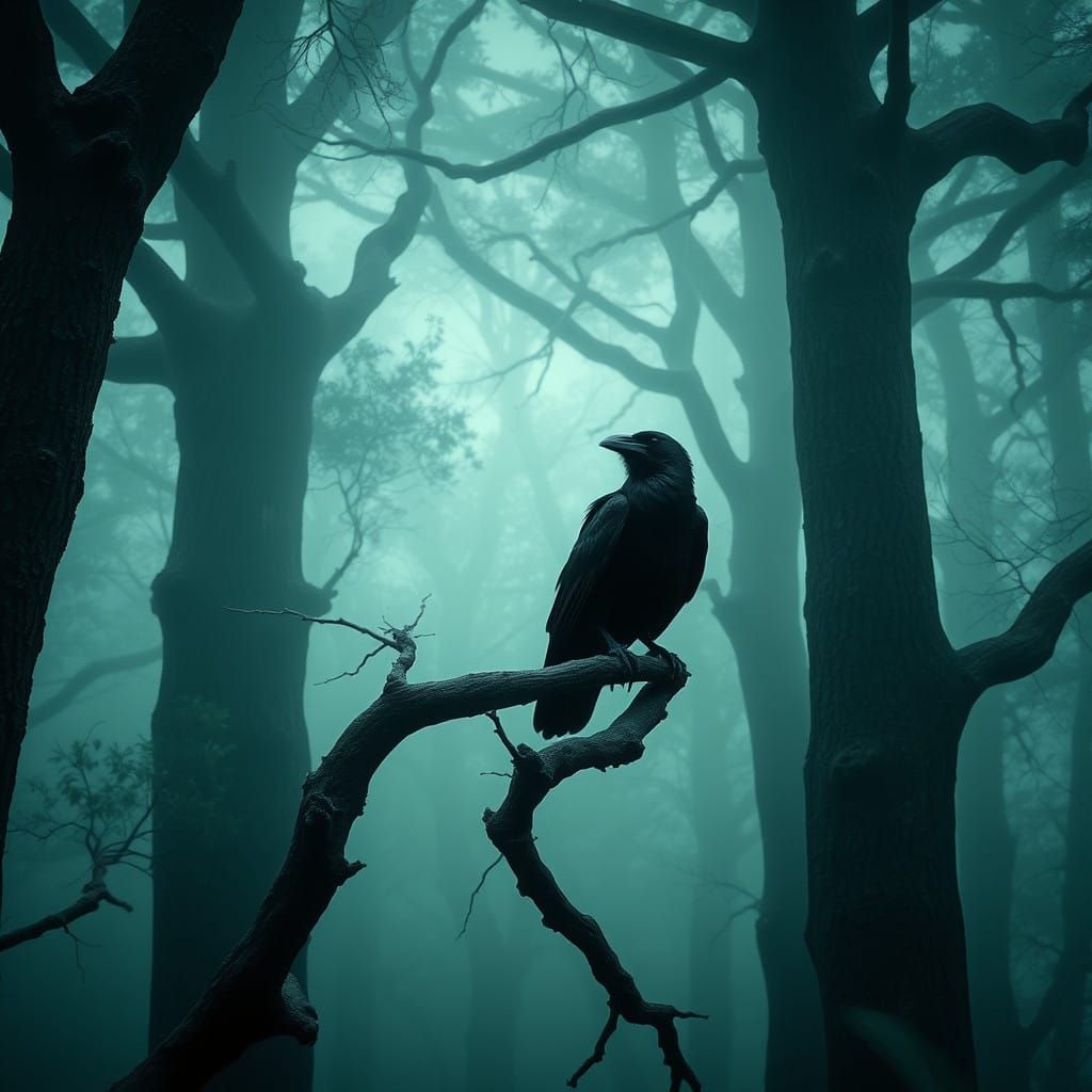 Ethereal Raven Amidst Twisted Trees in Foggy Forest