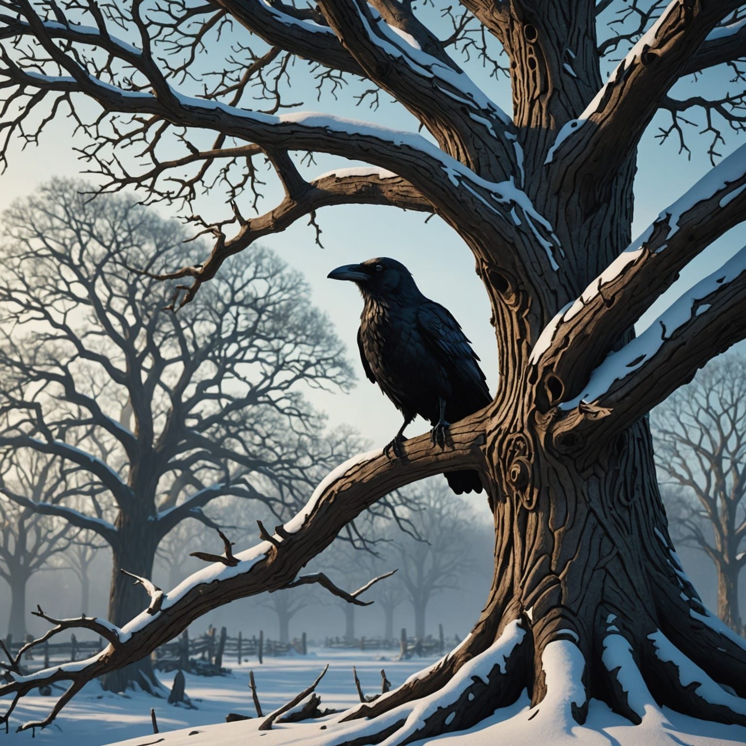 Winter Oak Tree Carving with Crow