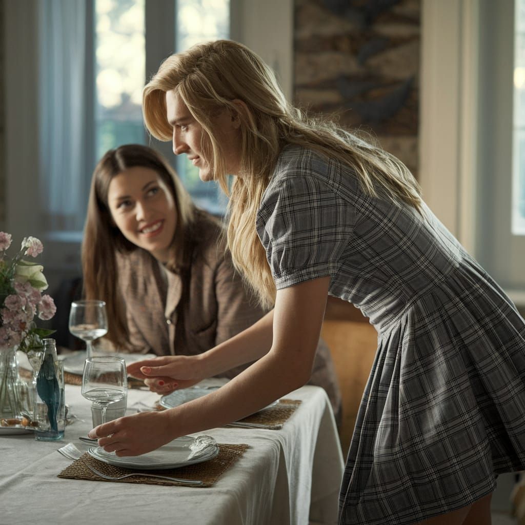 Young Man in Minidress Setting Table, Cinematic Film Still