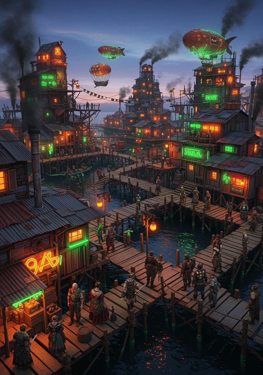 Neon Fantasy Shantytown Slum on Tar Lake