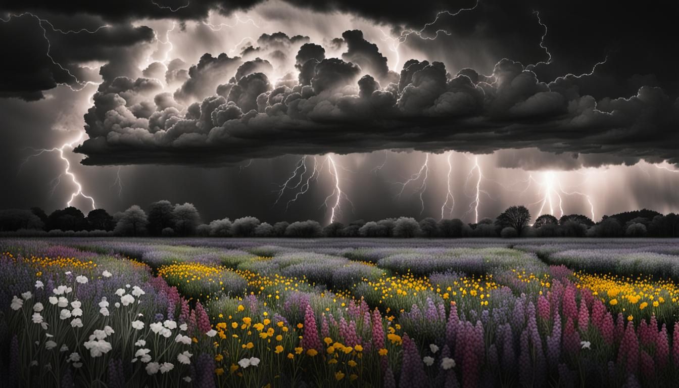 Dramatic Flower Field Charcoal Drawing with Lightning