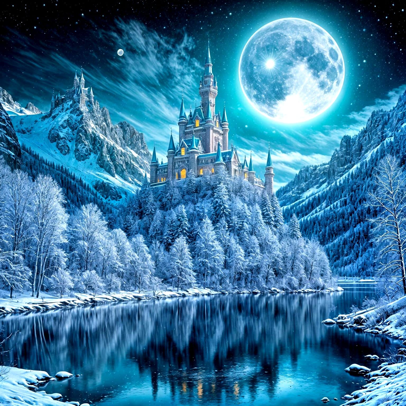 Majestic Turquoise Castle in Snowy Winter Landscape