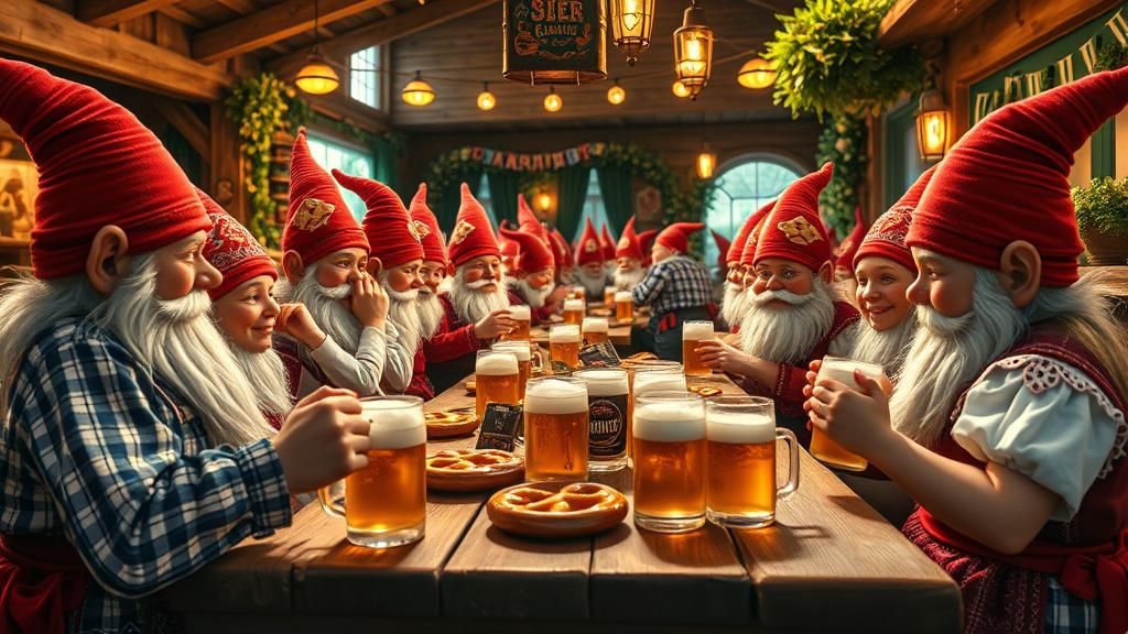 Gnomes Celebrate Oktoberfest in Bavarian Beer Garden