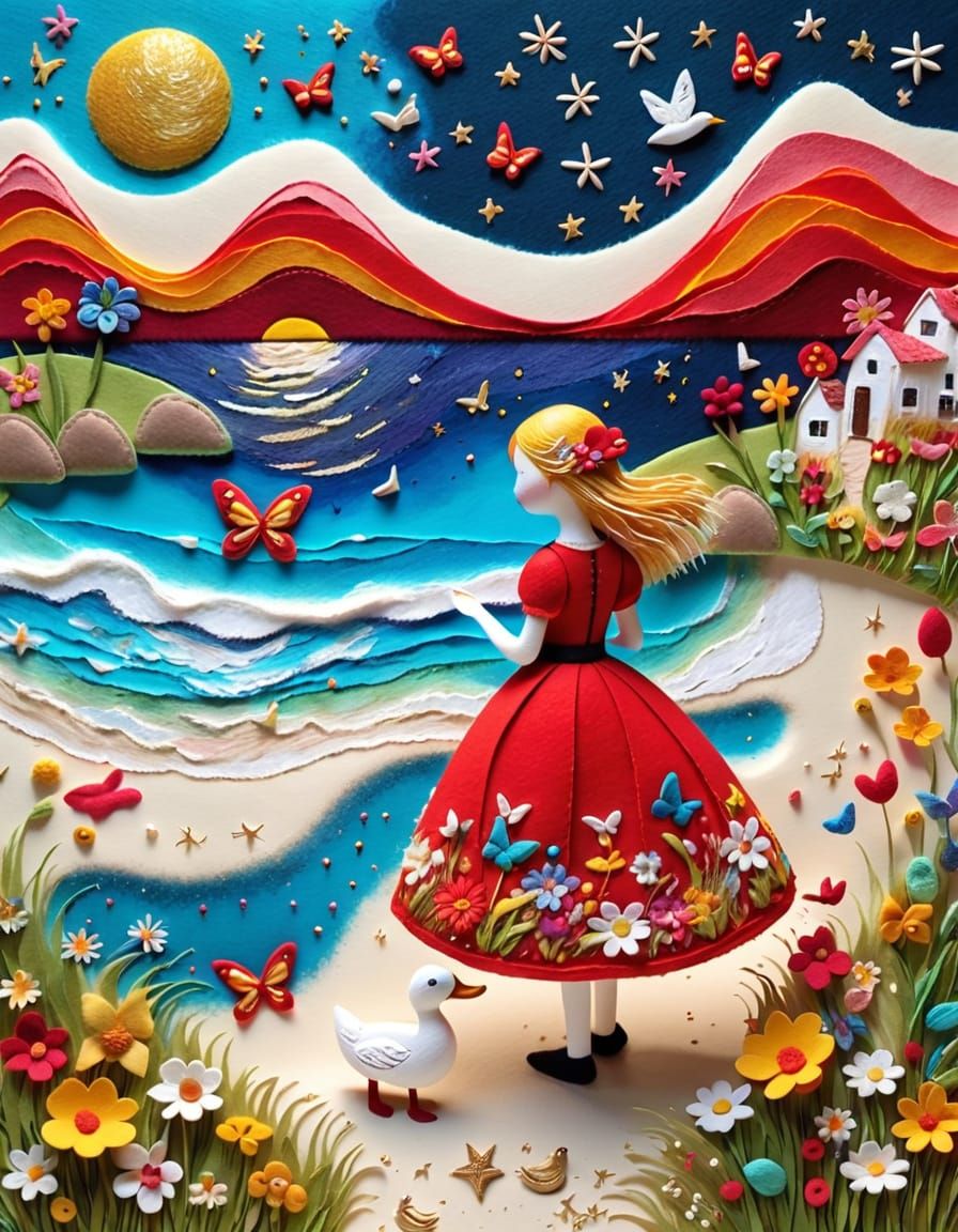Felt Art Moonlit Beach with Flower Meadow and Butterflies