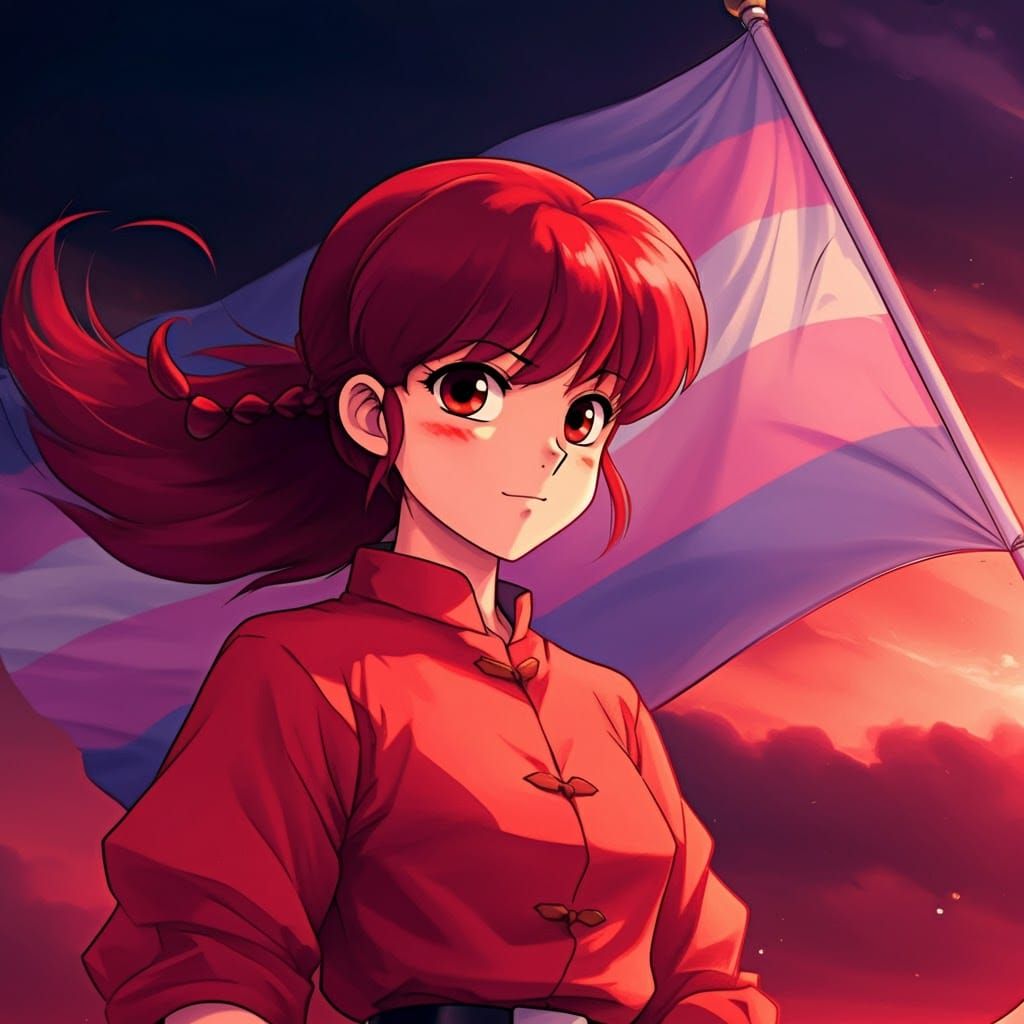 The character Ranma from Ranma 1/2 waving a trans pride flag. (red hair).