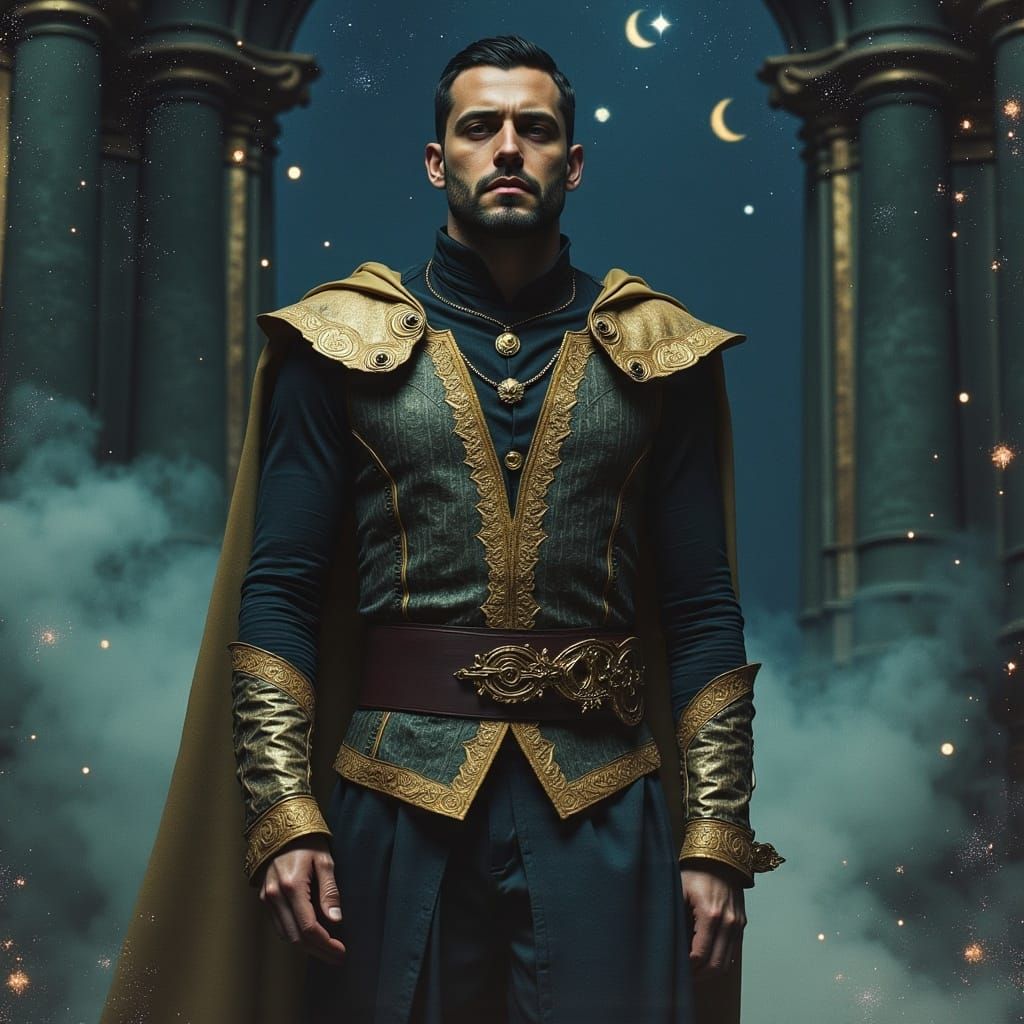 Mystical Medieval Man in Alien Town, Dreamy Art Nouveau