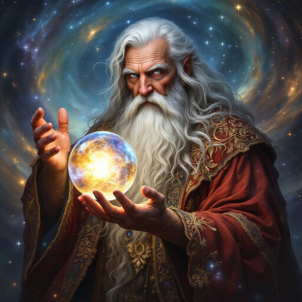 Wizard with Crystal Ball Revealing Cosmic Wonders