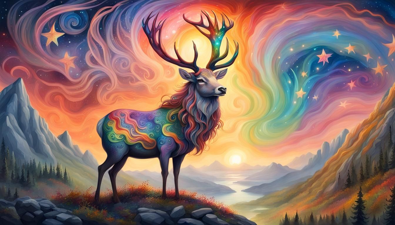 Fantasy Rainbow Stag Portrait with Fairy Lights