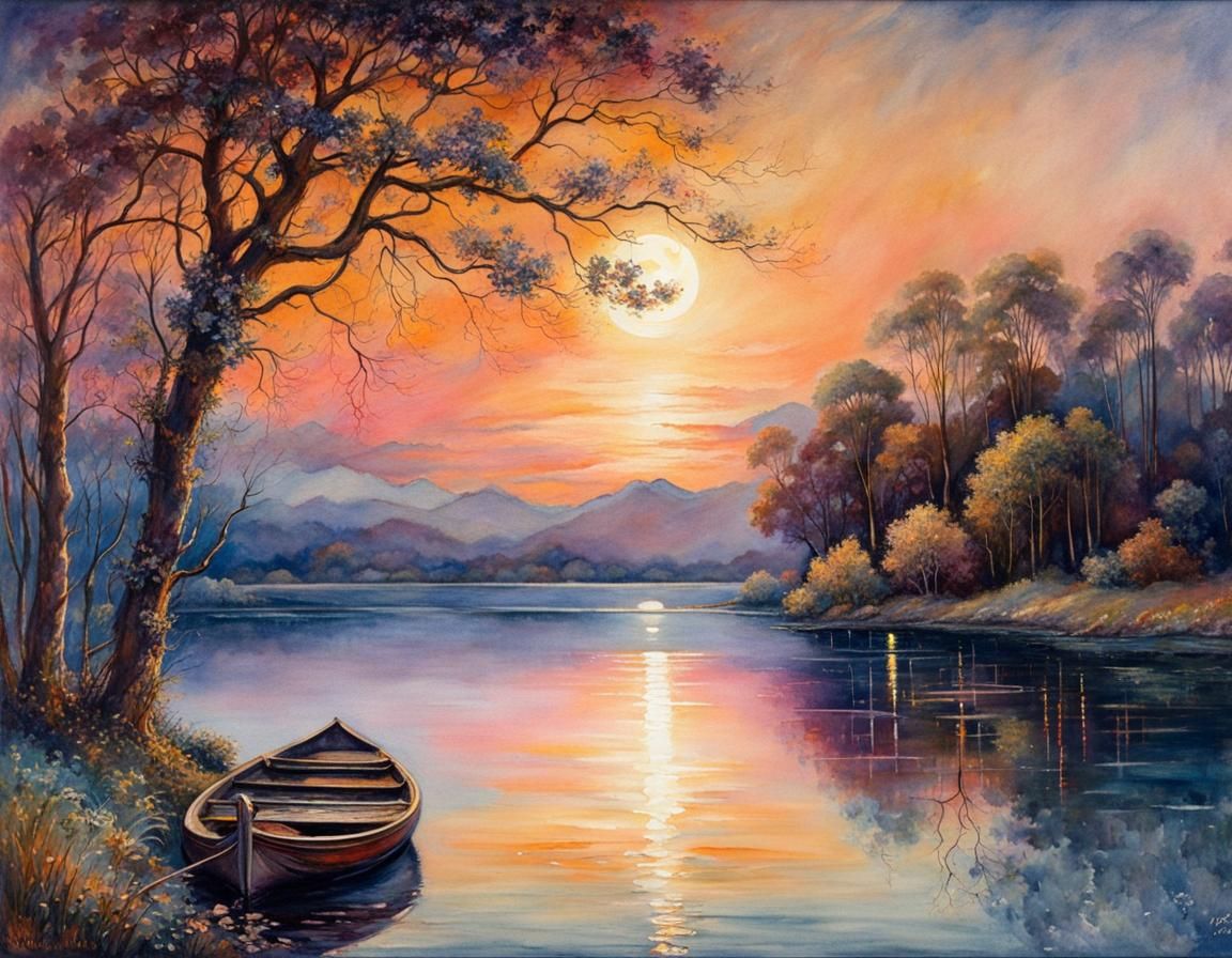 Moonlit Lake Watercolor Painting with Sunrise Colors