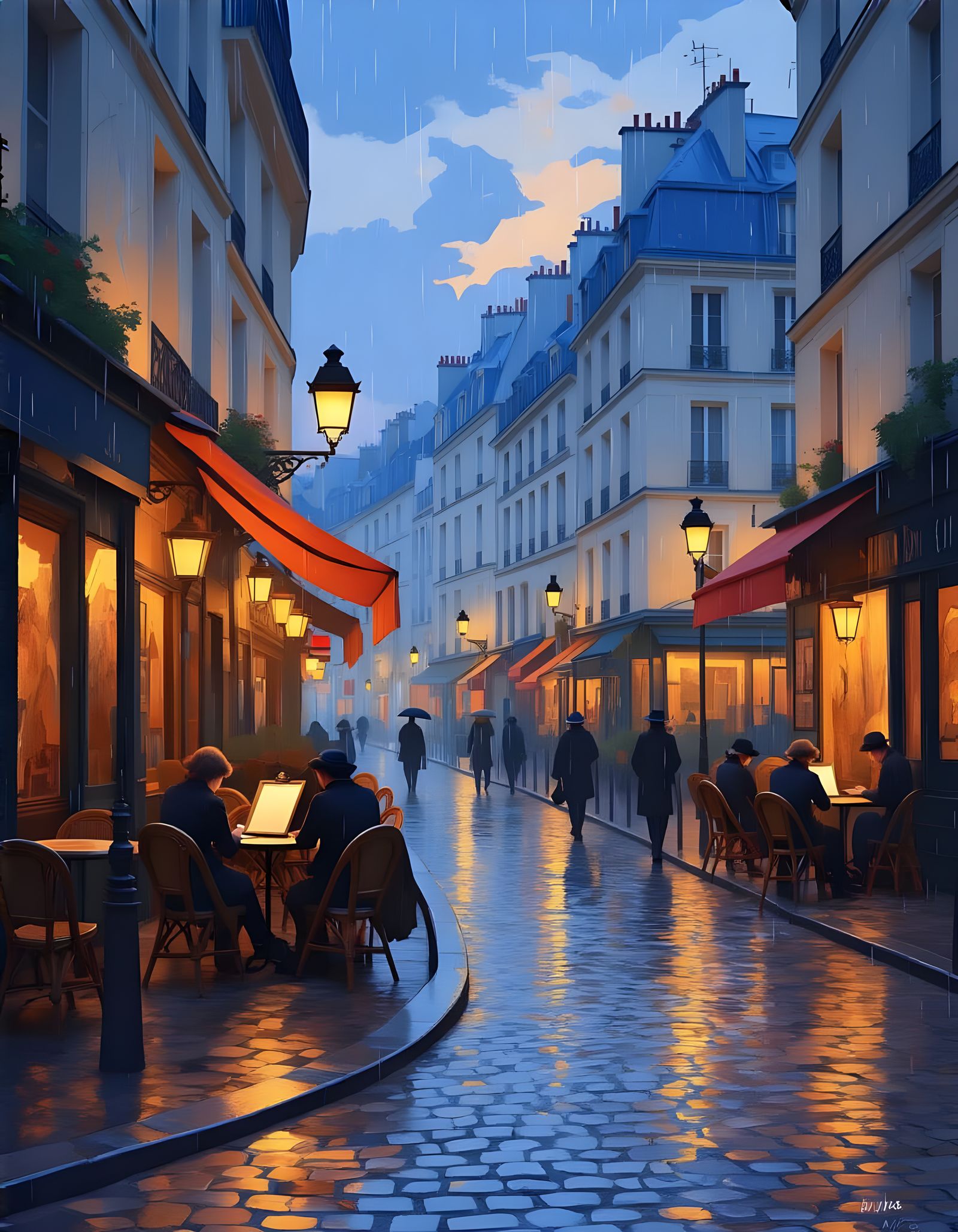 Parisian Twilight Street Scene with Artists in Impressionist...