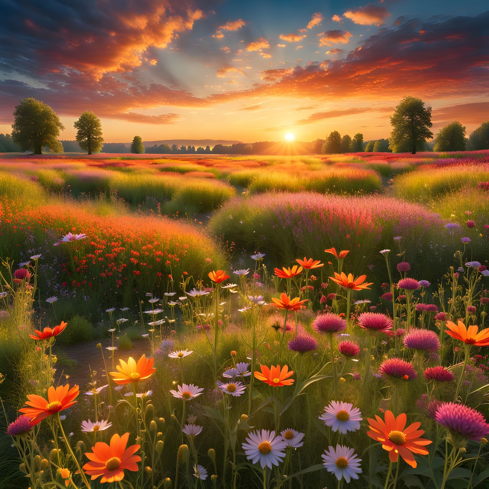 Sunset Over Wildflower Meadow in Stunning Realism
